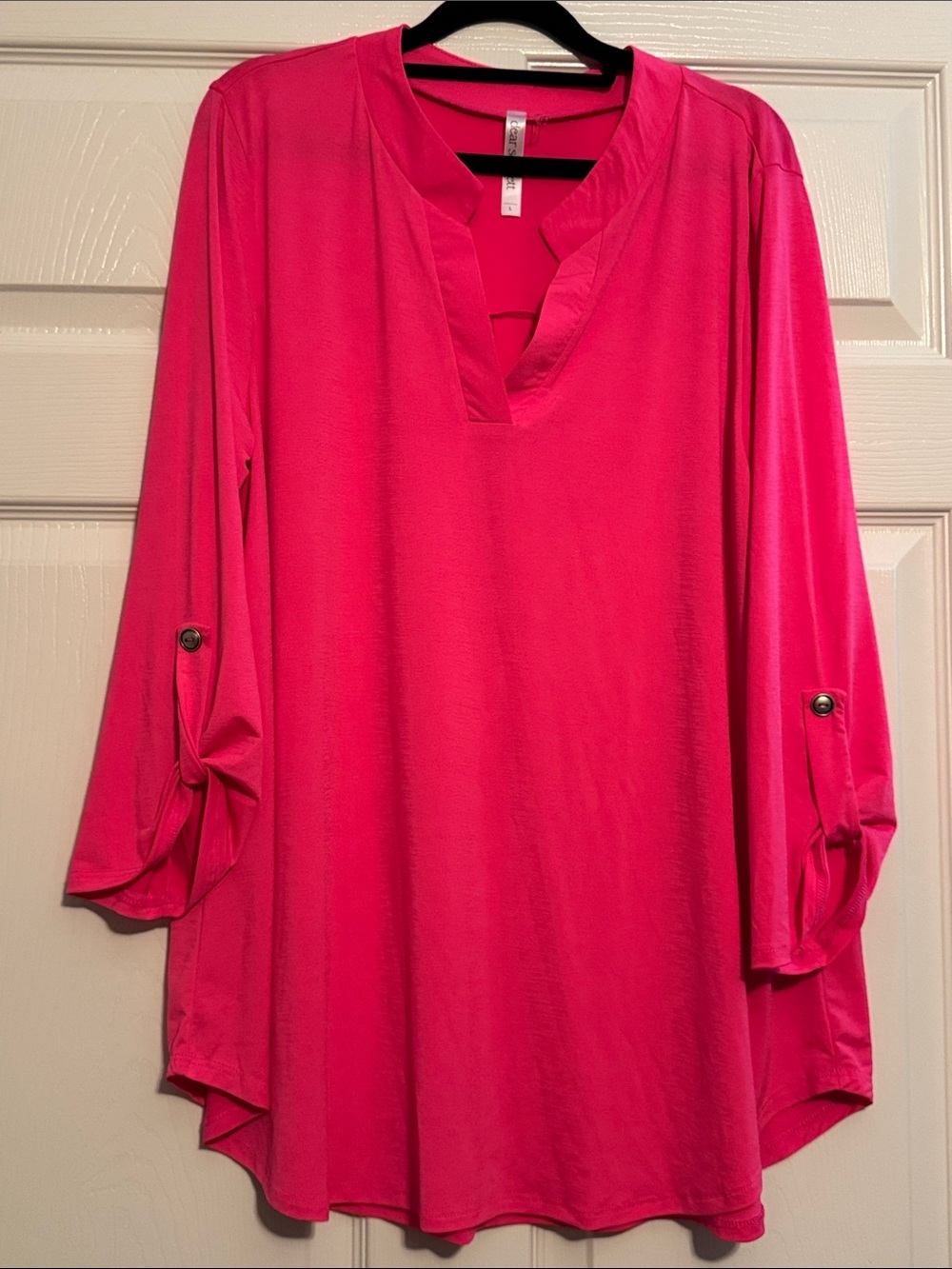 Dear Scarlet Lizzy Women's Hot Pink V-Neck Roll-Sleeve Tunic - Casual Tunic Top